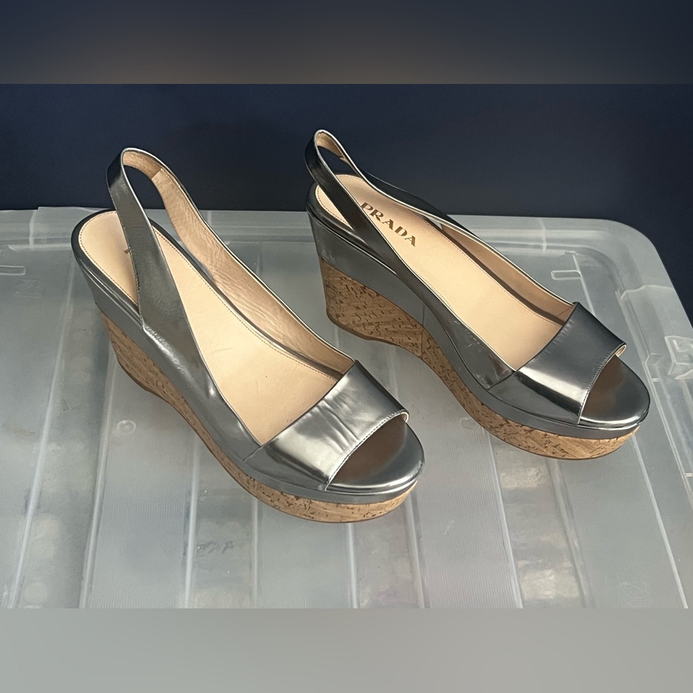 Prada Silver slingback Wedge Euro 39 U.S. 8.5